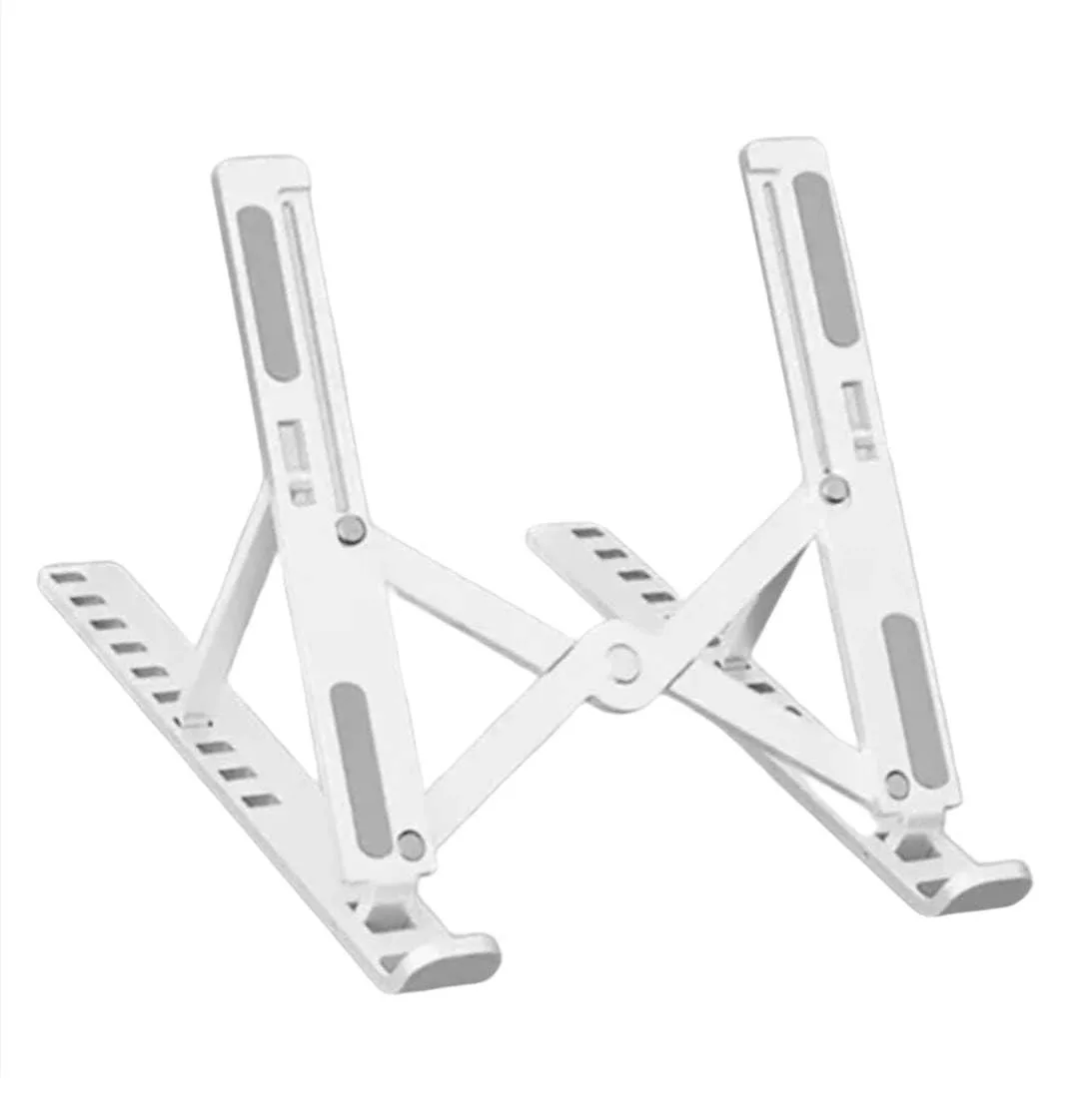 White foldable laptop stand with adjustable height settings and open ventilated design