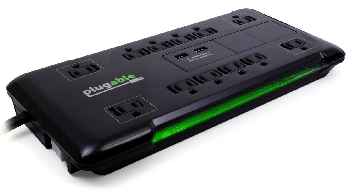 Plugable Technologies Plugable Technologies PS12-USB25 surge protector 12 AC outlets 2 USB 10.5W 25ft cord — product photo