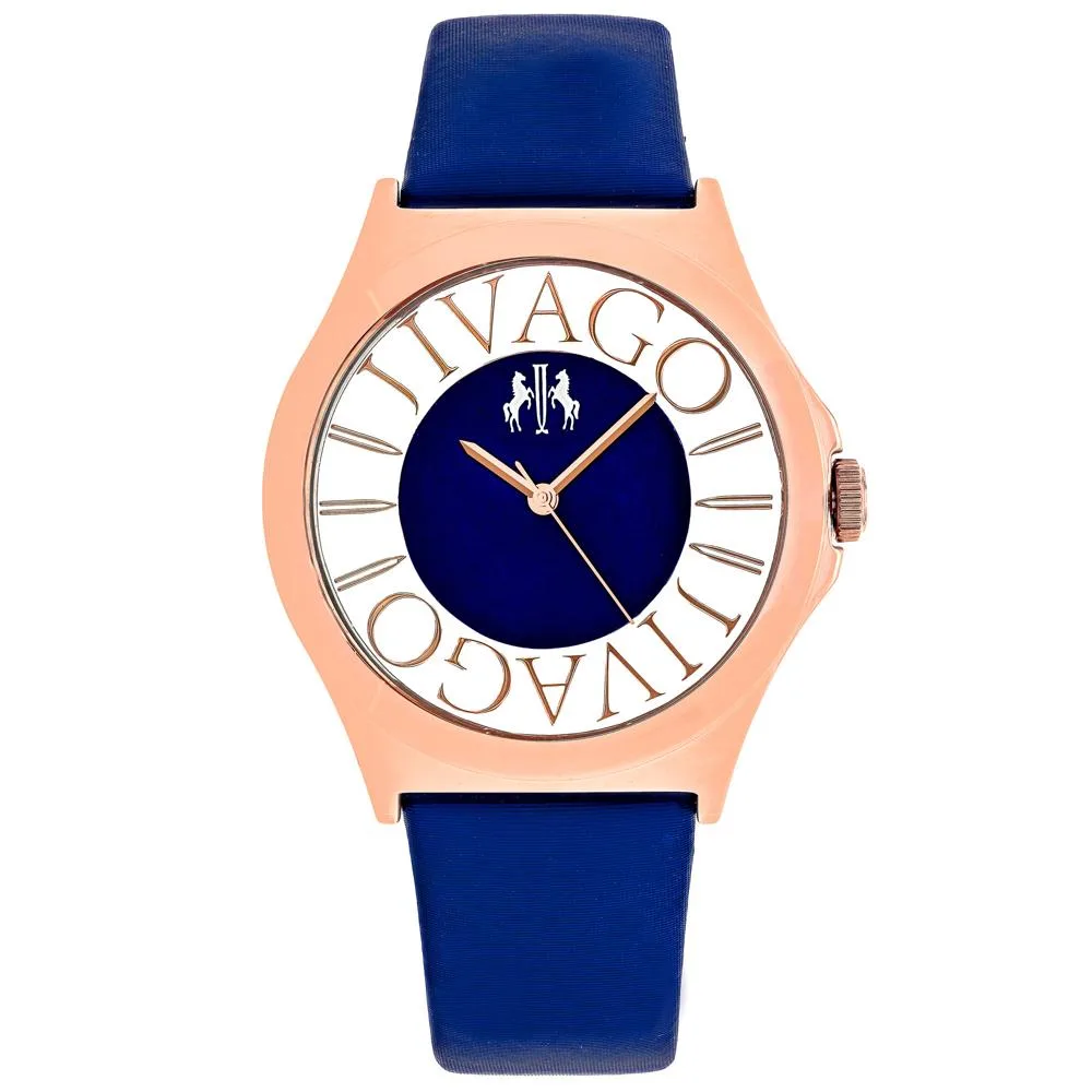 Blue dial watch with stainless steel case and satin leather strap