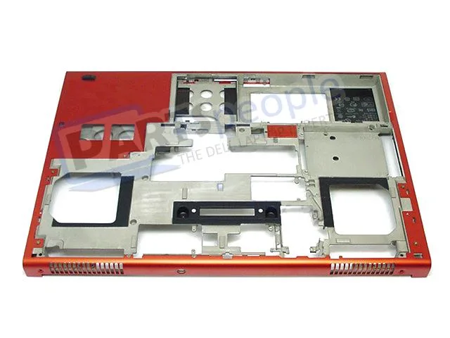 Orange plastic bottom base for Dell Precision M6400 laptop, includes display latch and battery bay latch