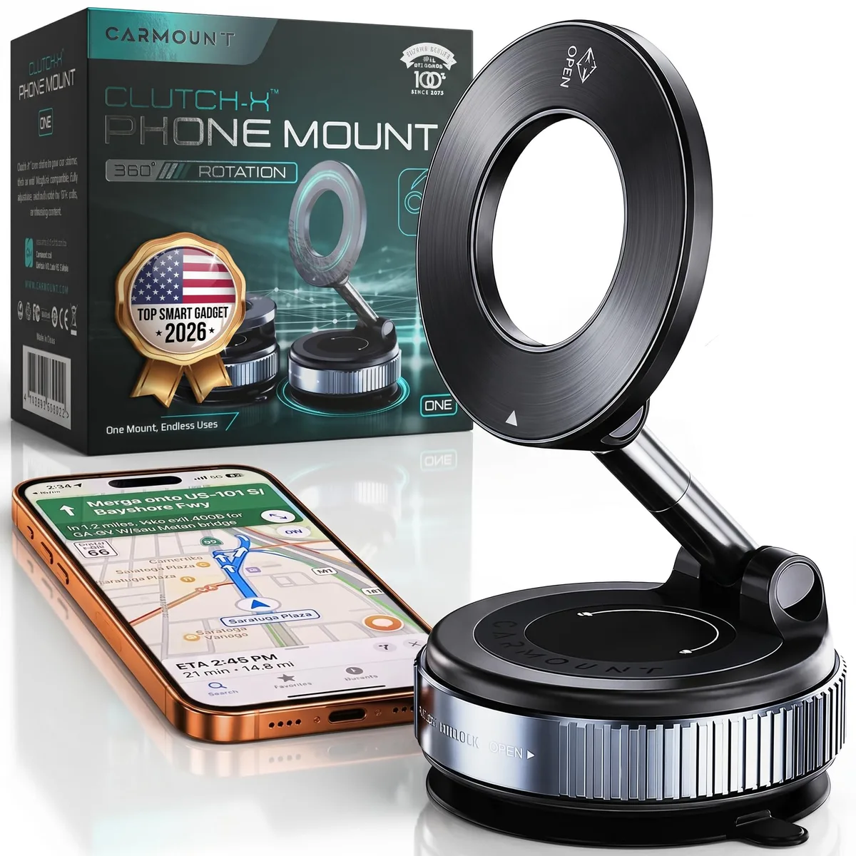 Black vacuum magnetic phone mount with suction cup base and adjustable metal arm