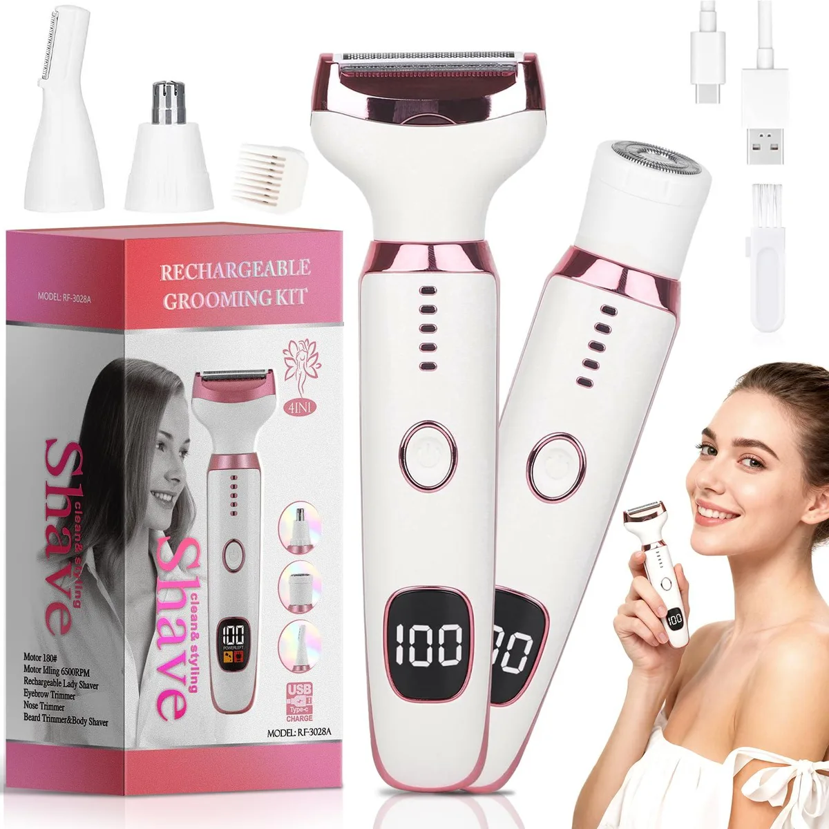 Pink foil shaver with LED display and detachable heads