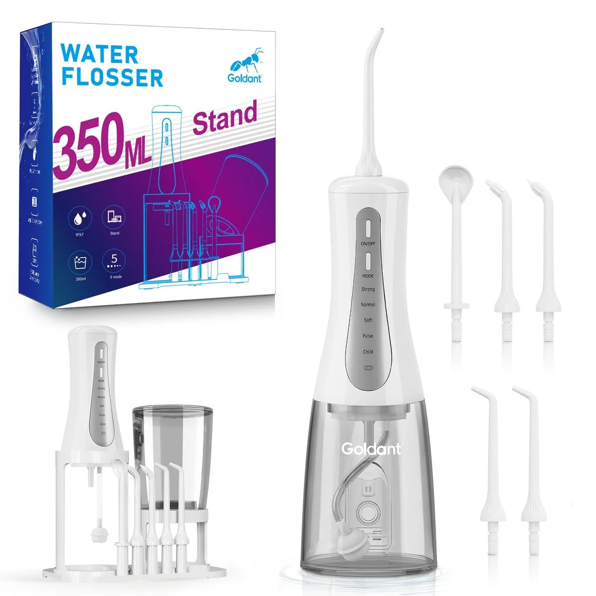White cordless water flosser on upright stand with detachable tank