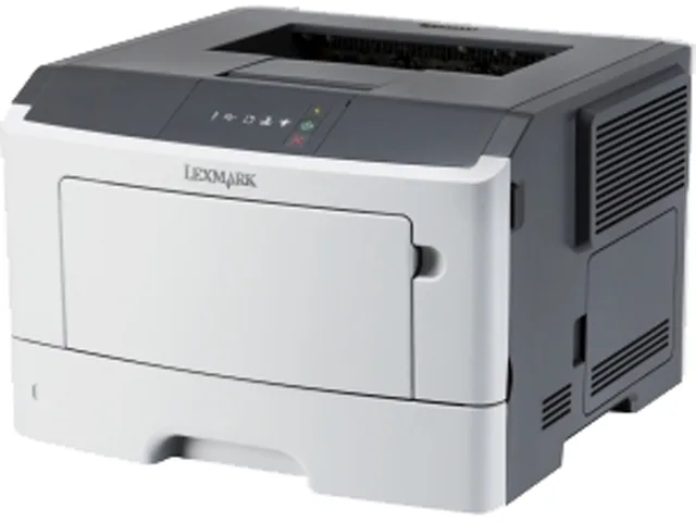 White rectangular desktop laser printer with paper trays and control panel