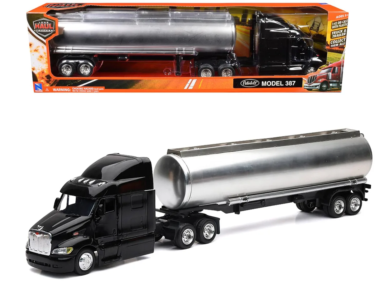New Ray Toys New Ray Toys Peterbilt 387 Black with Silver Tanker "Long Haul Truckers" 1/43 Diecast — product photo