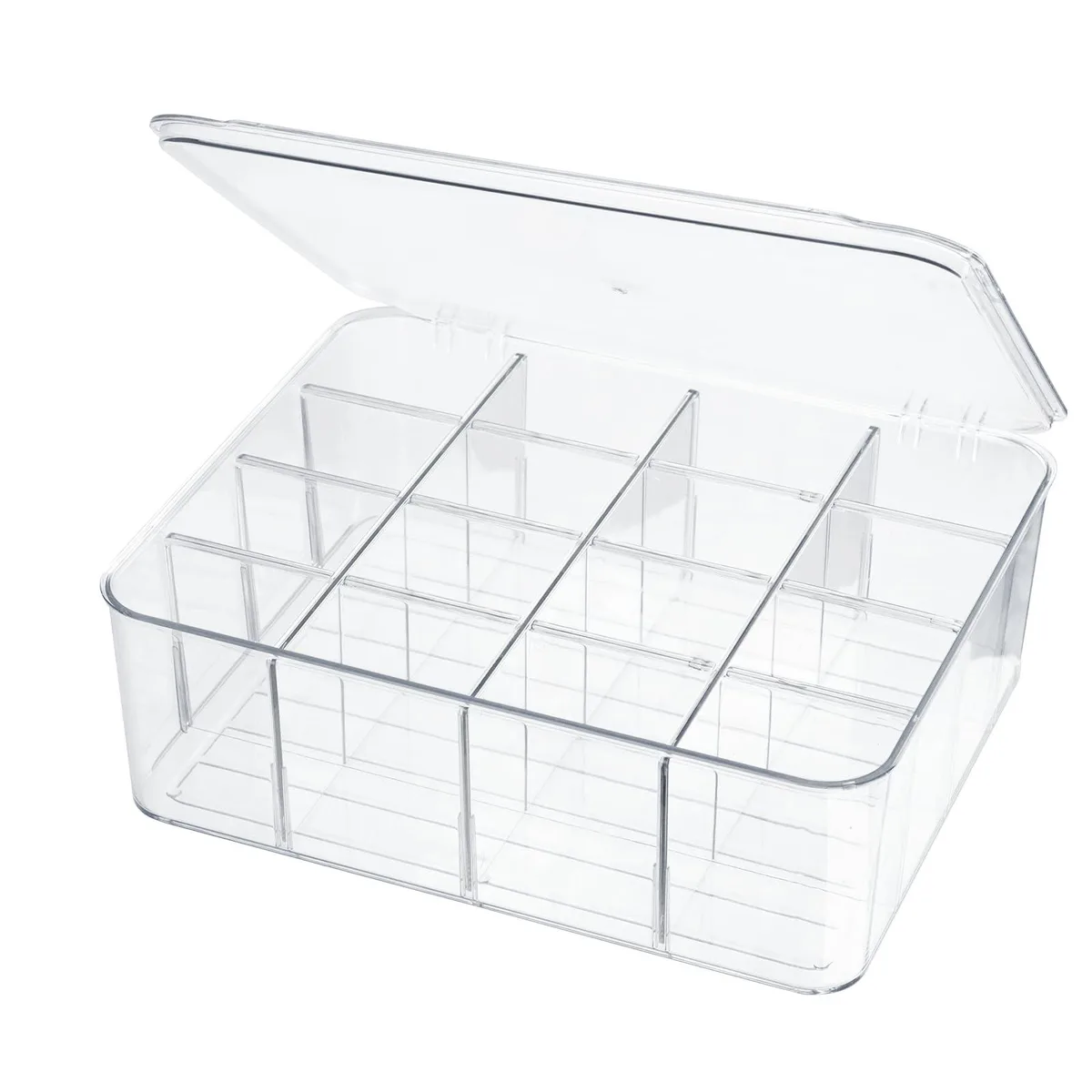 Clear plastic storage bin with lid and 16 removable compartments