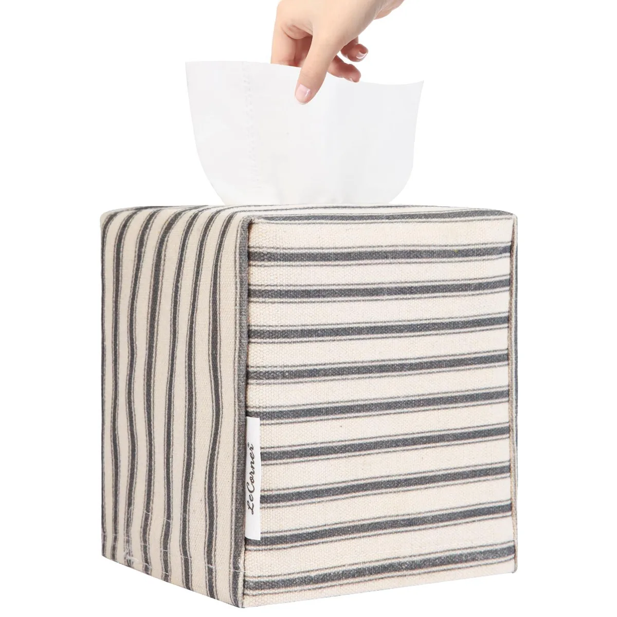 Square fabric tissue box cover in pastel grey ticking stripe with Velcro base closure