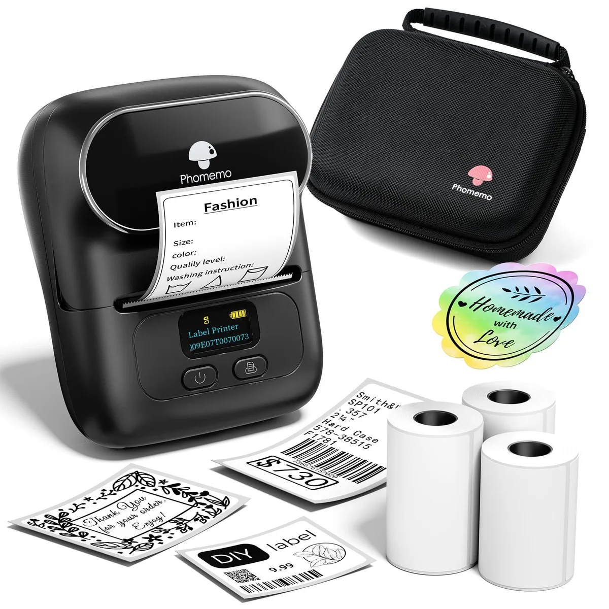 Compact black label printer with three tape rolls and a carry bag