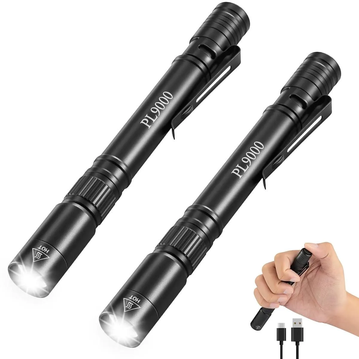 Two black aluminium pen lights with USB-C cables and metal clips