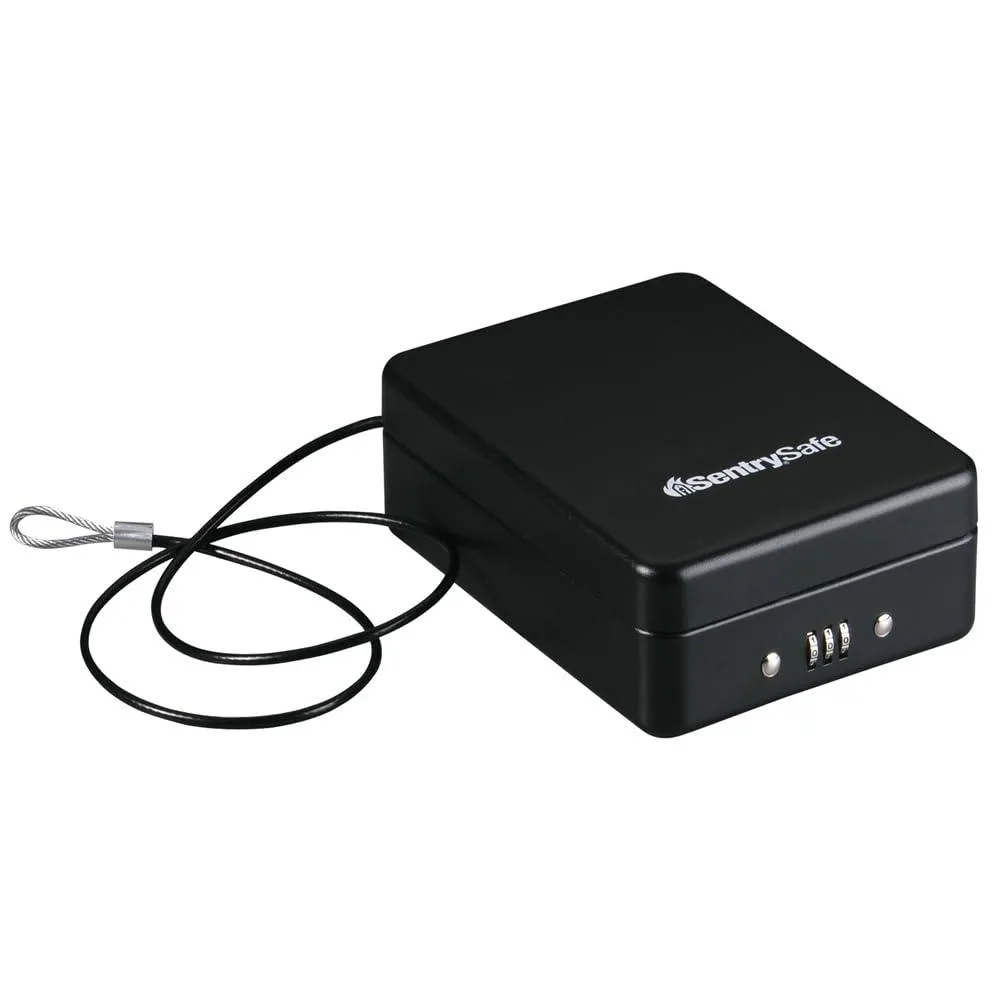 Black rectangular steel safe with combination dial and tether cable
