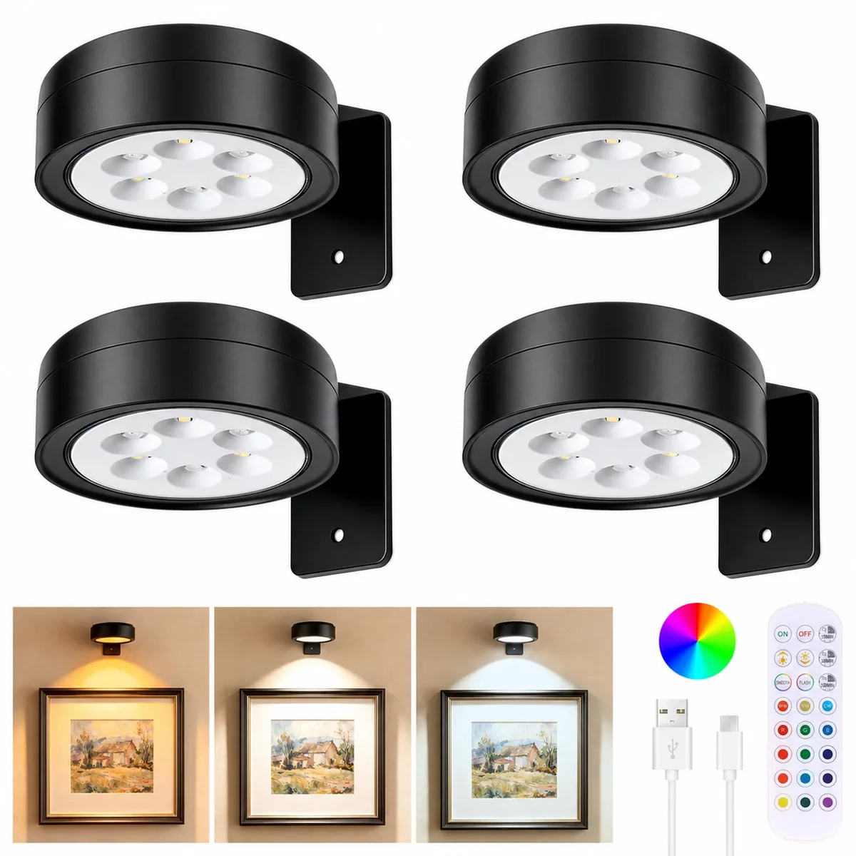 Four white rectangular LED picture lights with remote control and charging cable