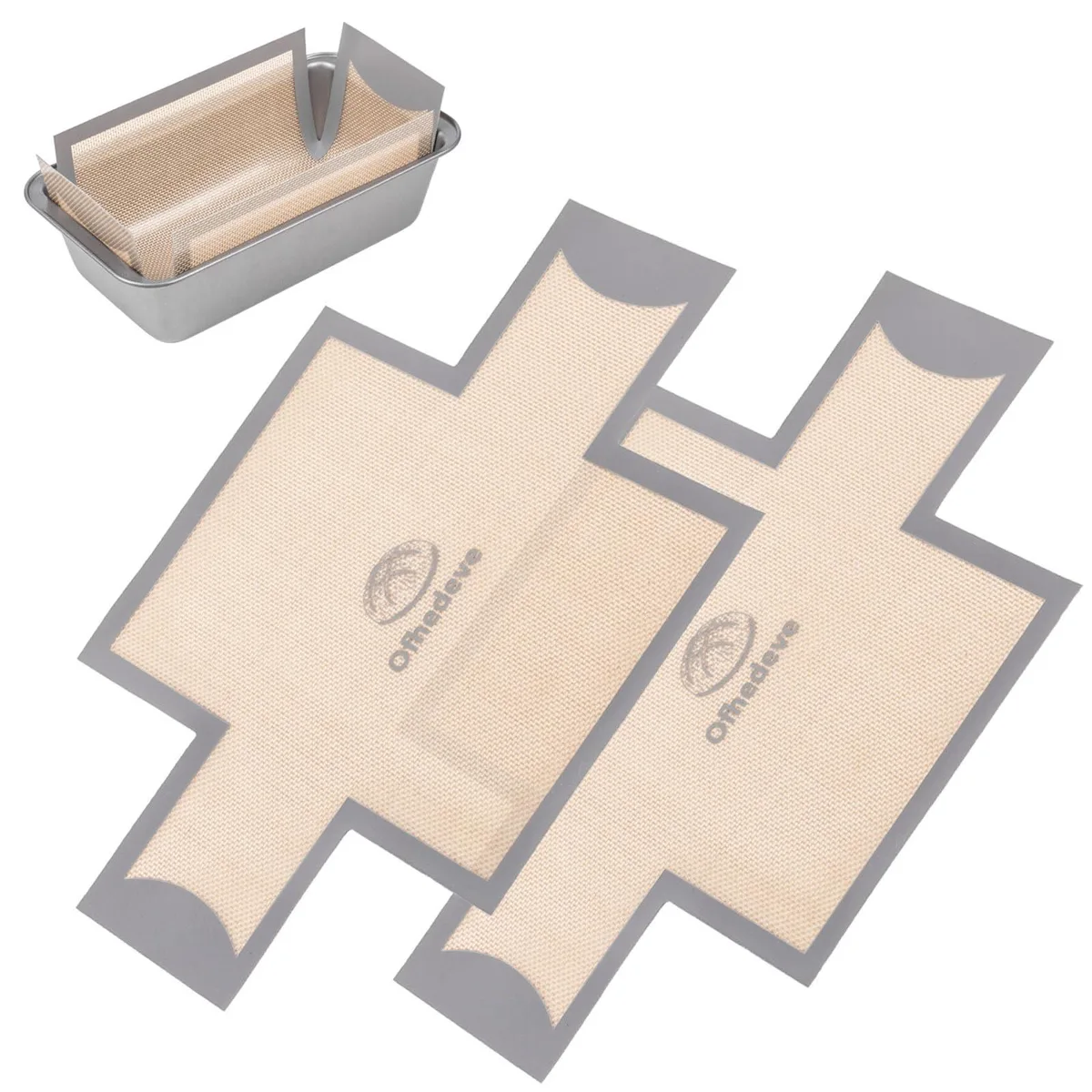 Two gray flexible silicone loaf pan liners with sling handles