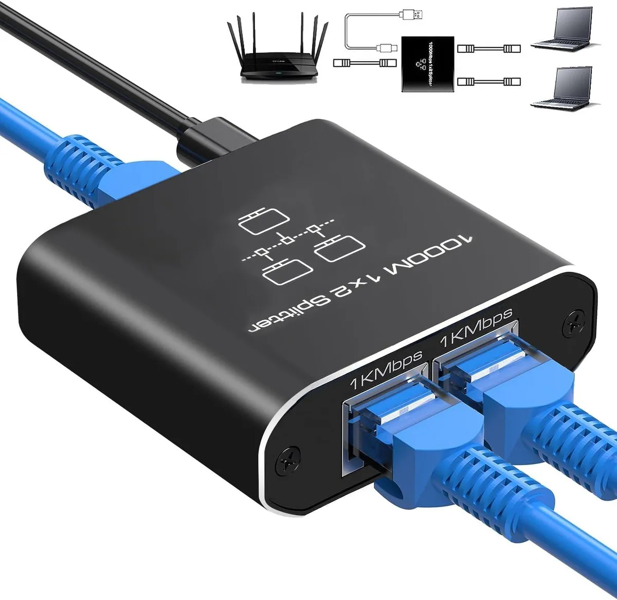 Hitoor Hitoor Gigabit RJ45 Ethernet Splitter 1 to 2 with USB Power Cable — product photo