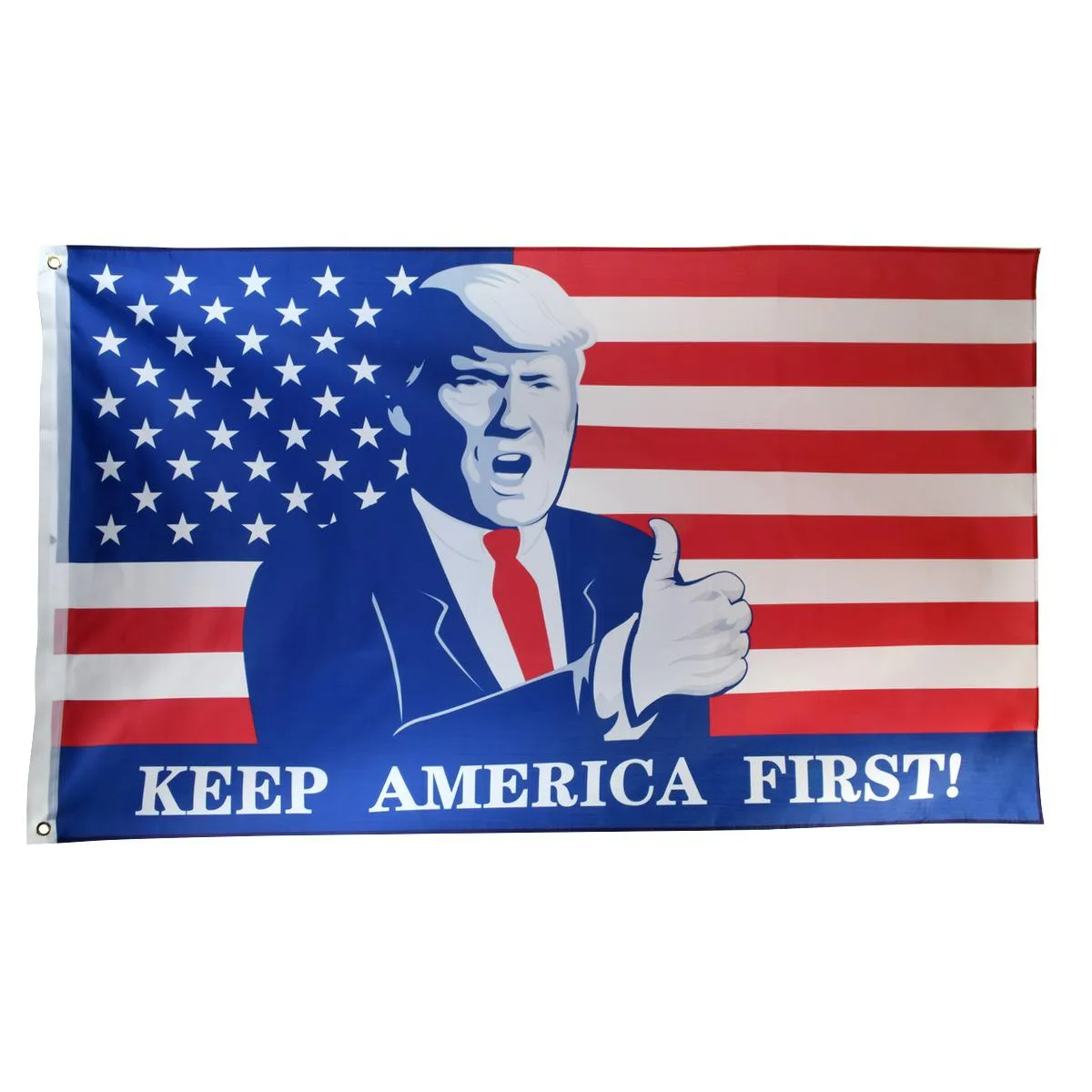 Rectangular outdoor flag with stars, stripes, text and thumbs-up illustration