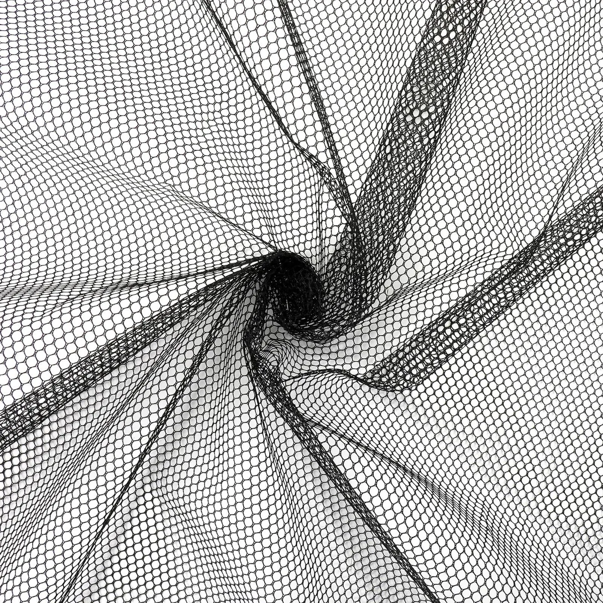 Black mesh polyester fabric sheet, 63 by 61 inches, slightly stretchy hexagonal netting