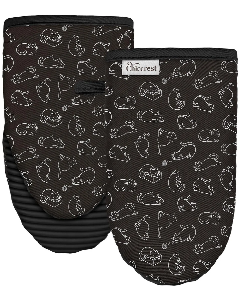  chiccrest Mini Oven Mitts Black Cat 100% Cotton Silicone Grip — product photo