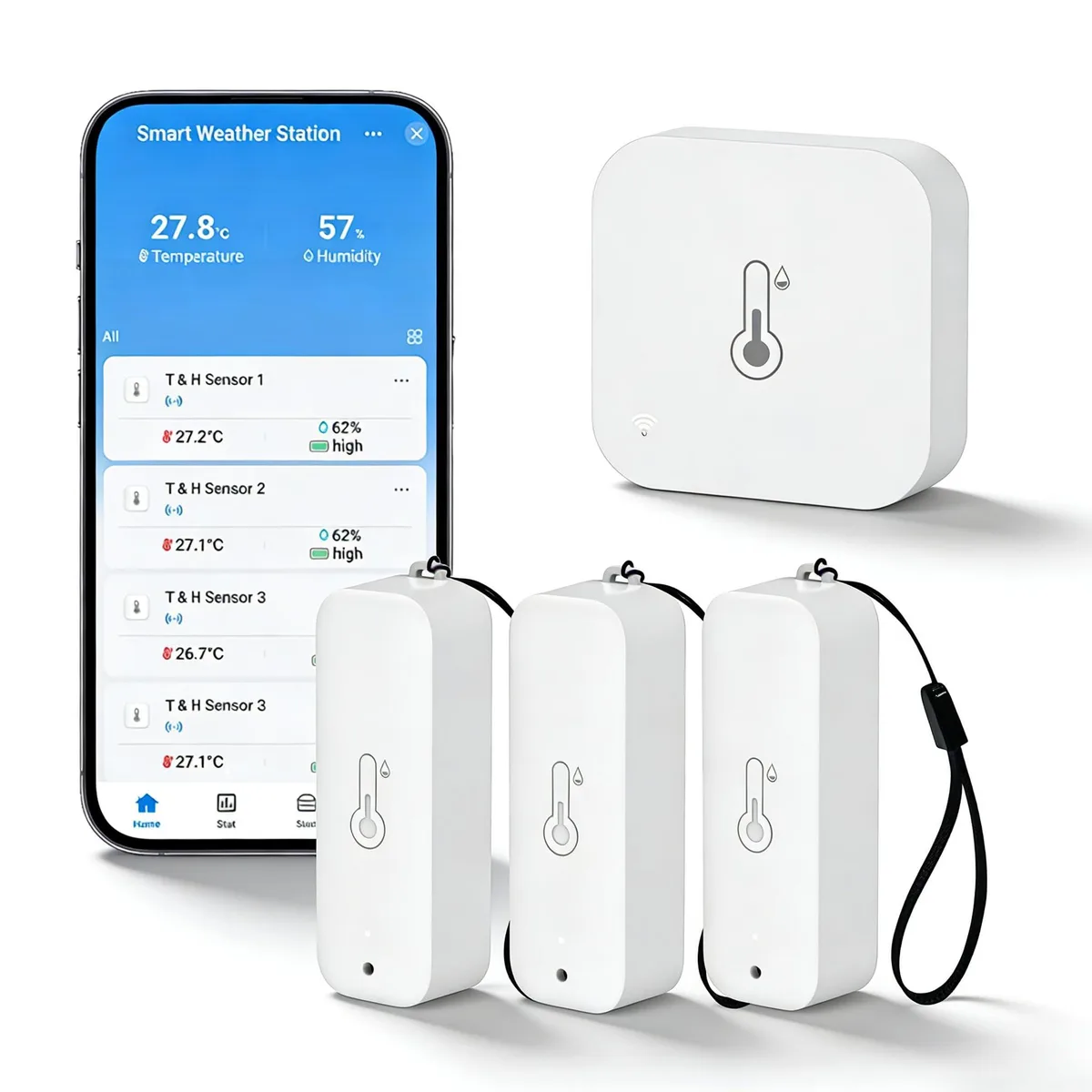 Black base station and three compact sensors with matte finish