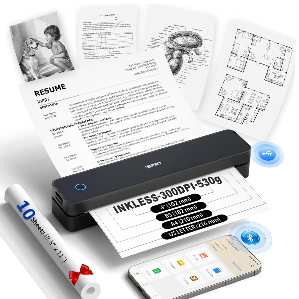Compact black thermal printer, 10.5 by 2.2 by 1.6 inches, matte finish