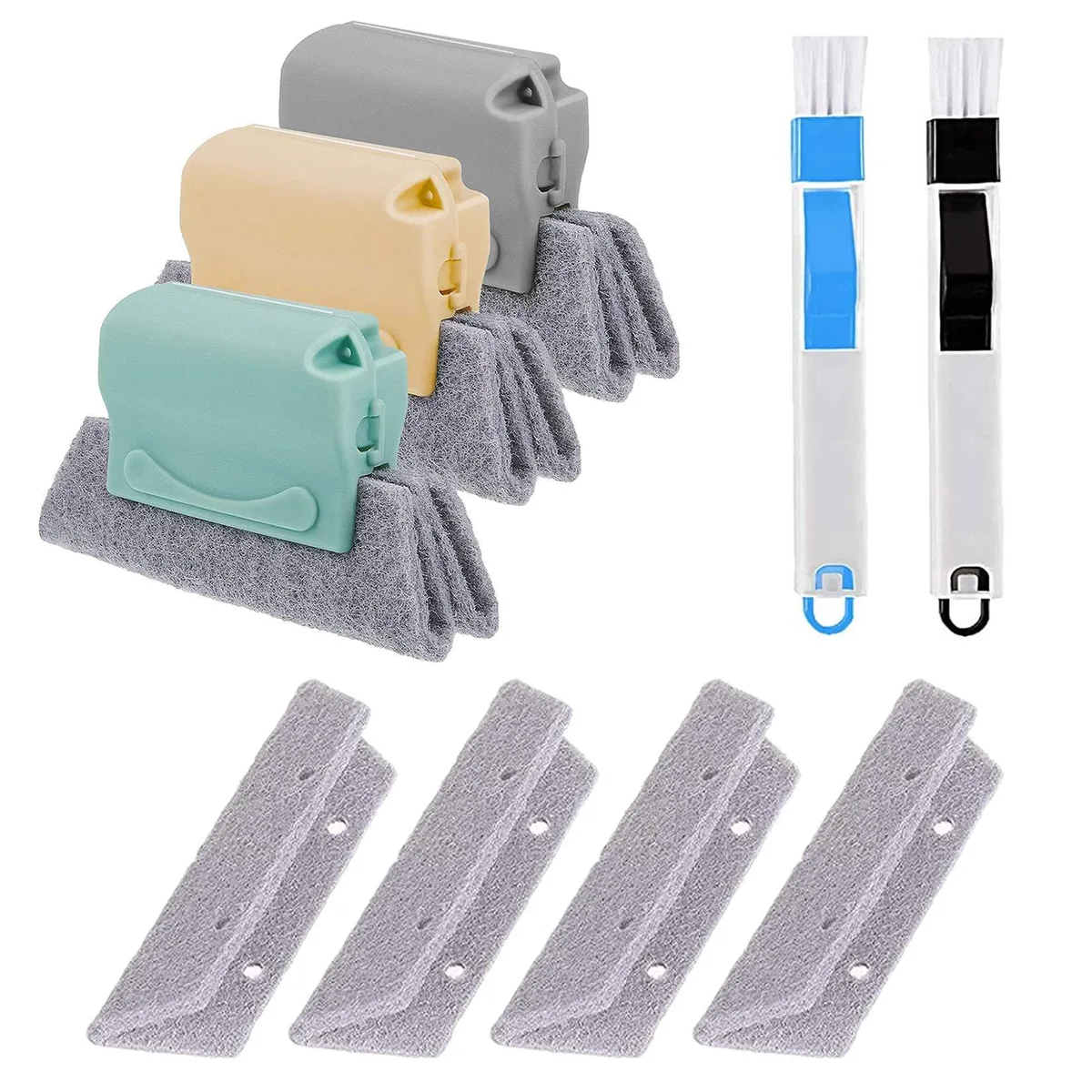 Five-piece multicolour brush and sponge set with detachable dustpan and scraper