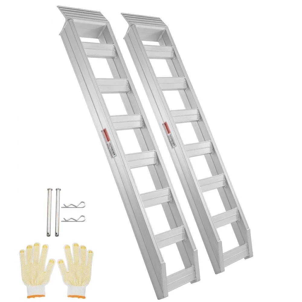 Pair of silver aluminum loading ramps, 72 by 15 inches, arched rungs with top hooks