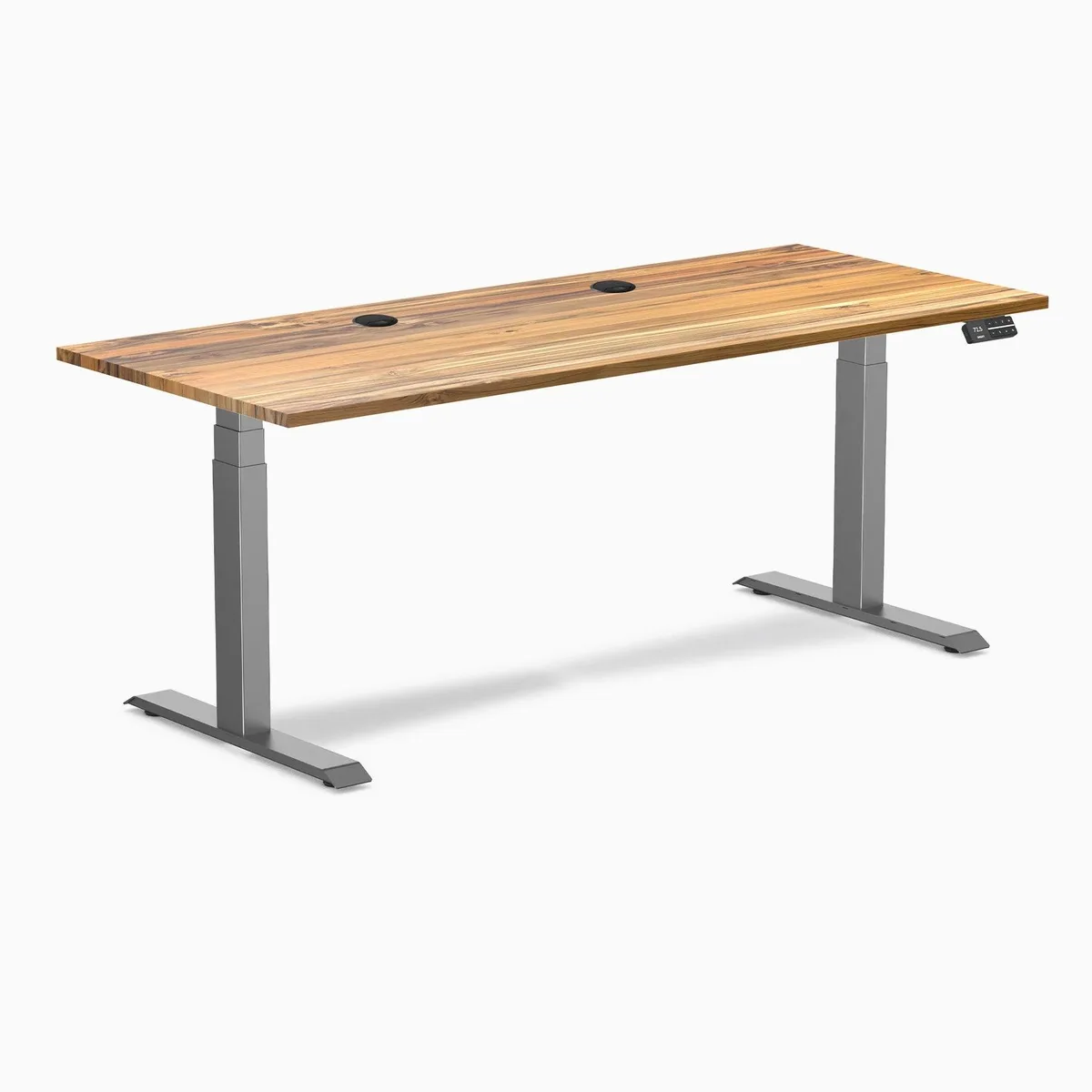 Desky Desky Dual Hardwood Sit Stand Desk Teak 72 x 30 in Grommets Space Grey — product photo