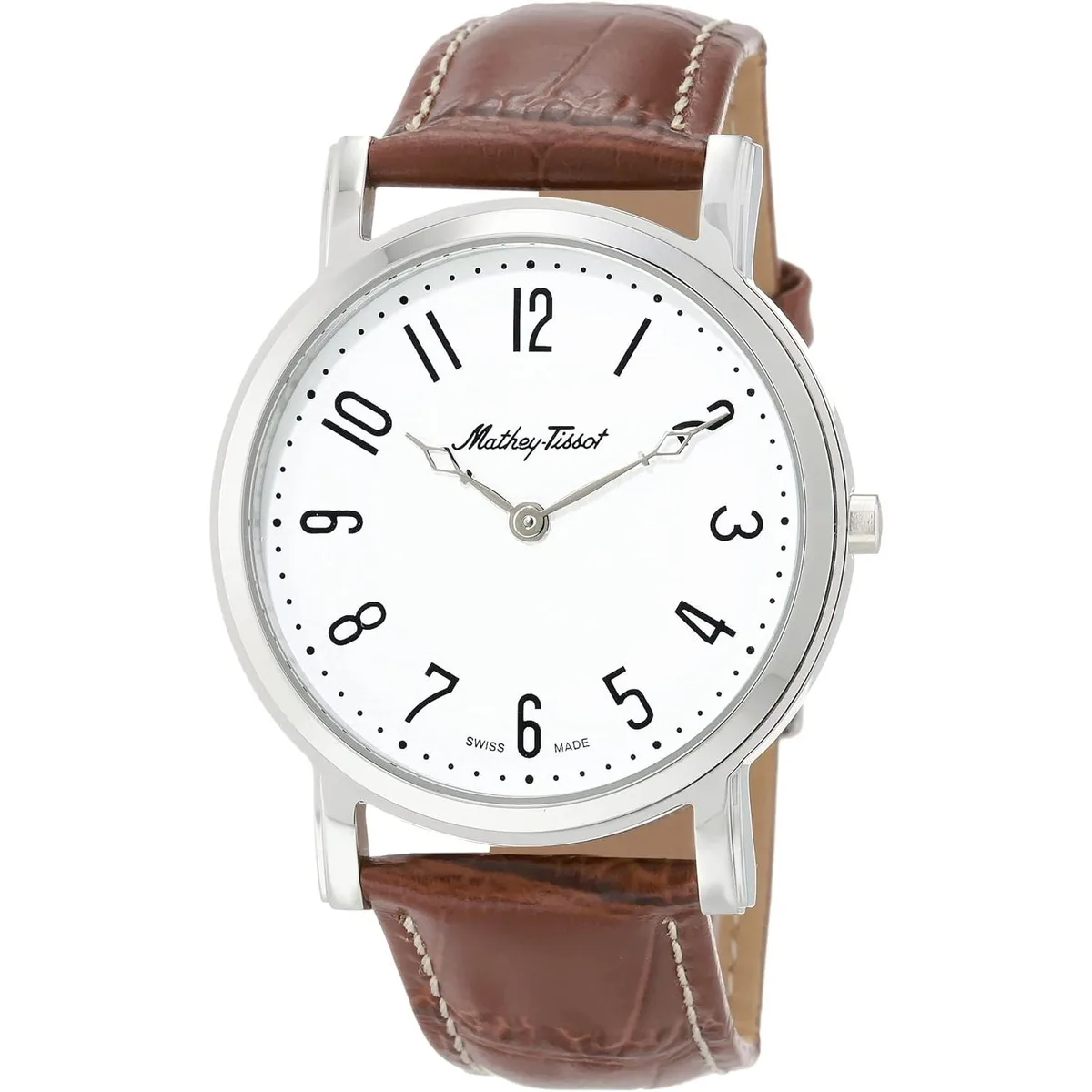 Round stainless-steel watch with white dial and leather strap