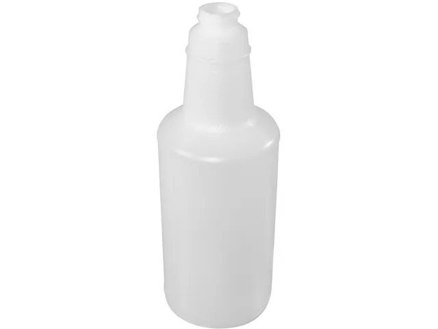 Twelve translucent 32oz plastic bottles in a carton