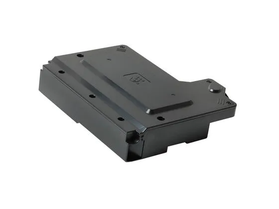 Rectangular black plastic waste toner container with Sharp branding