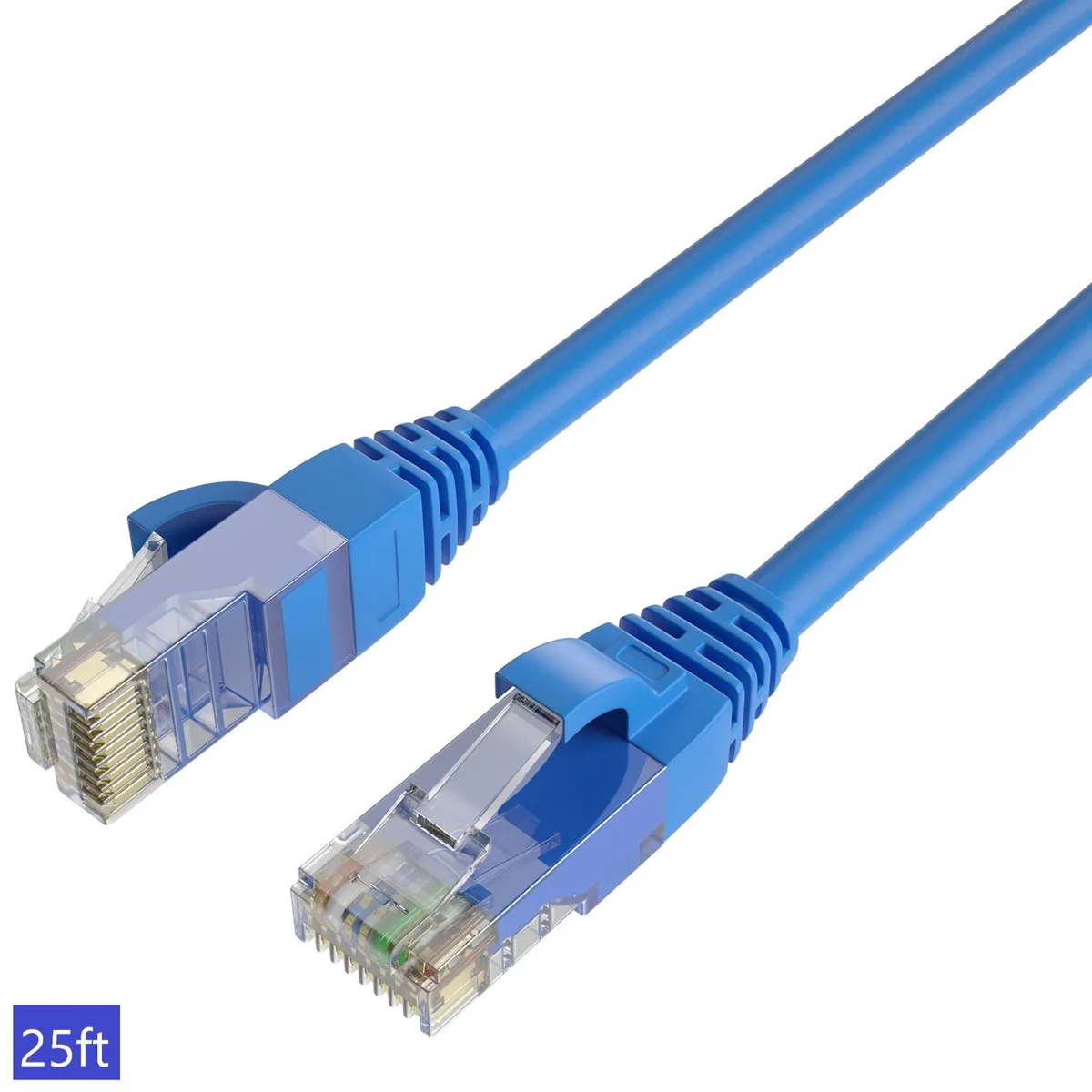 Blue round Cat 6 Ethernet patch cable with gold RJ45 connectors 25 ft long