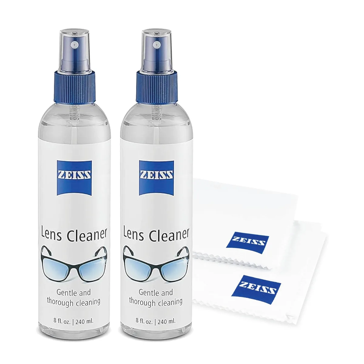 Two 8oz ZEISS lens spray bottles with microfiber cloths