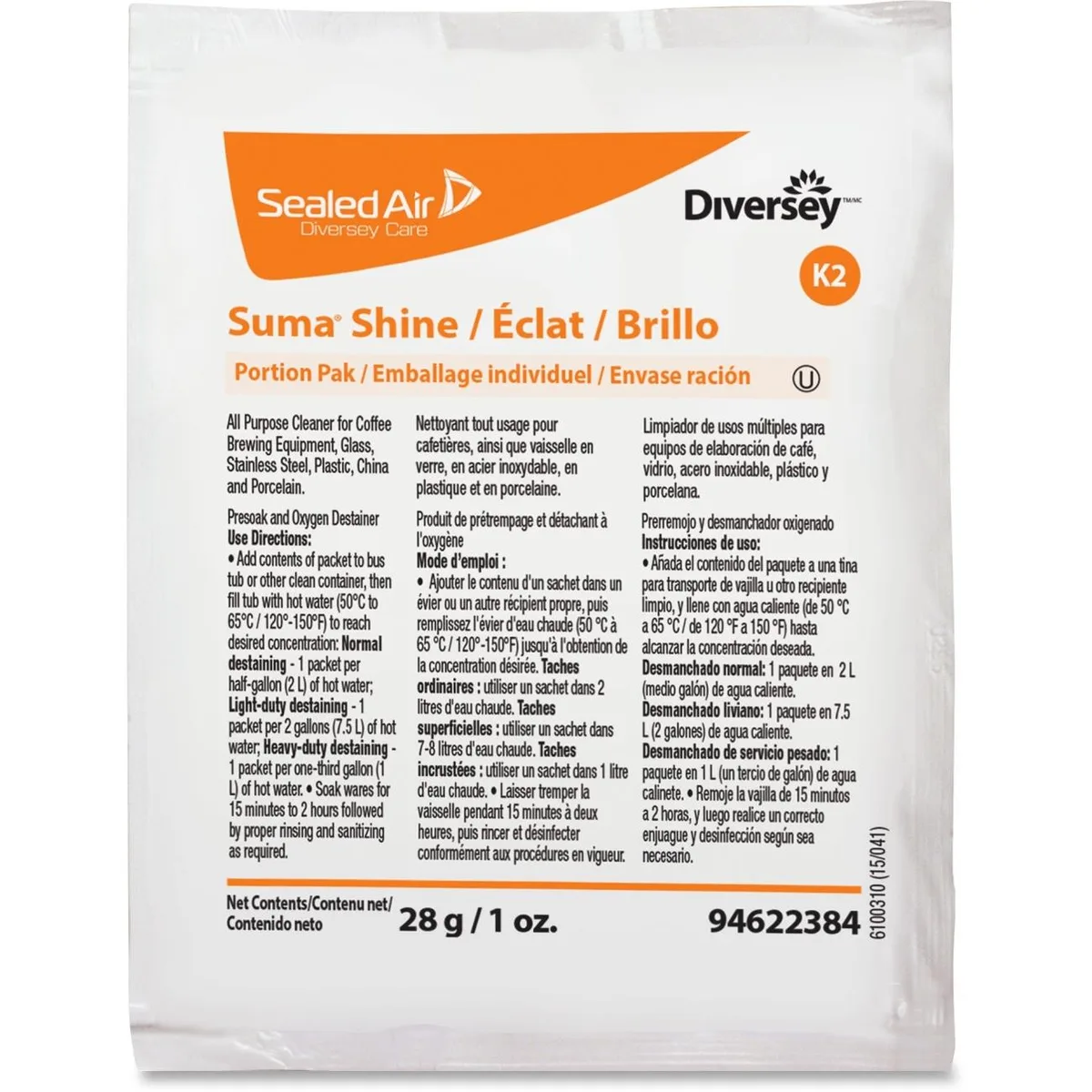 JohnsonDiversey JohnsonDiversey 94622384 Suma Shine Portion Pak cleaning powder 100 carton — product photo