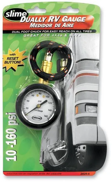 Slime dial tire gauge with chrome face black rubber housing dual foot chuck eight inch hose