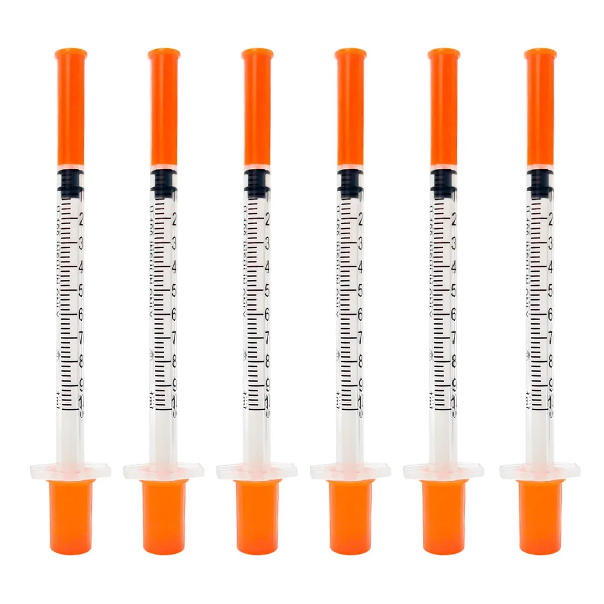 Clear box holding 30 orange 1 ml syringes with needles