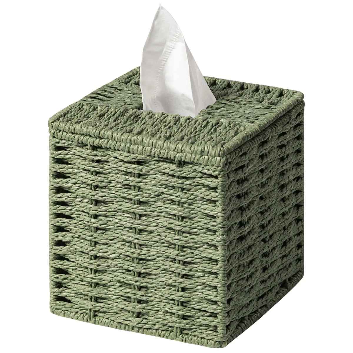 Sage green hand-woven paper rope tissue box cover with flip-top lid, square 5.5 by 5.5 by 5.7 inches