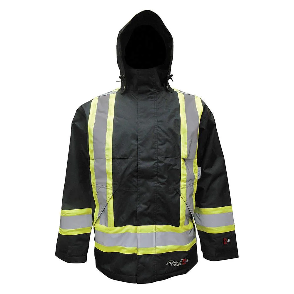 Viking 3907 black flame-resistant insulated rain jacket with detachable hood and reflective chest straps