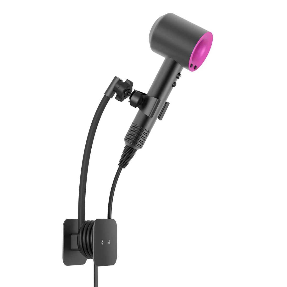 Black wall-mounted hair dryer holder with flexible gooseneck and rotating clamp