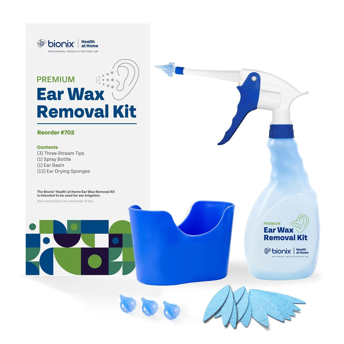 White plastic ear irrigation kit with basin spray bottle tips and drying sponges