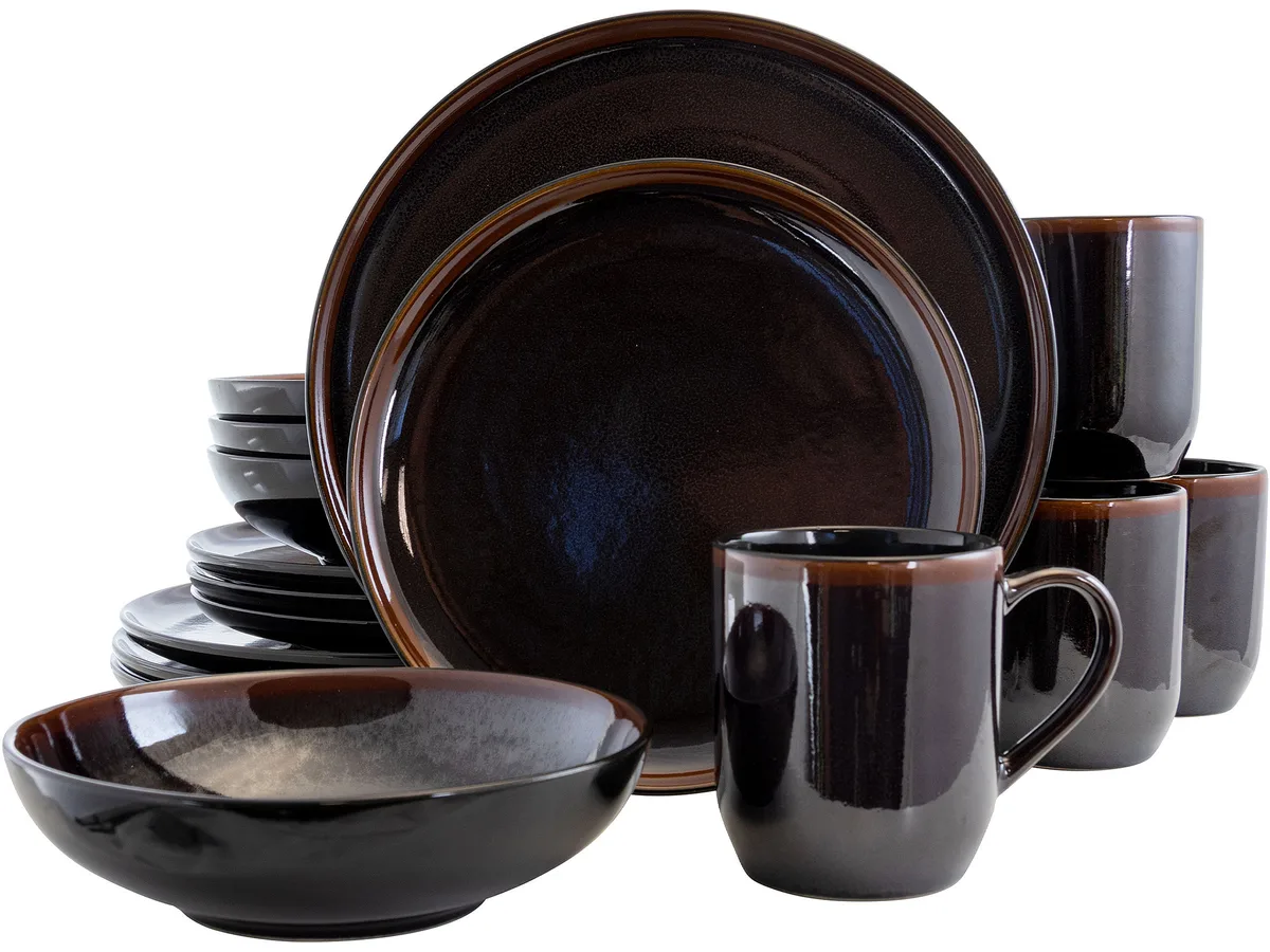 Elama Elama EL-MIDNIGHTBEACH 16 Piece Round Stoneware Dinnerware Set Metallic Black — product photo