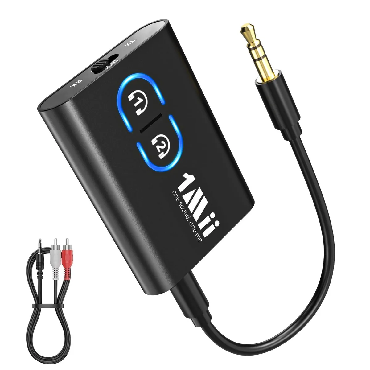 Compact black Bluetooth 5.3 audio adapter with 3.5 mm aux connector