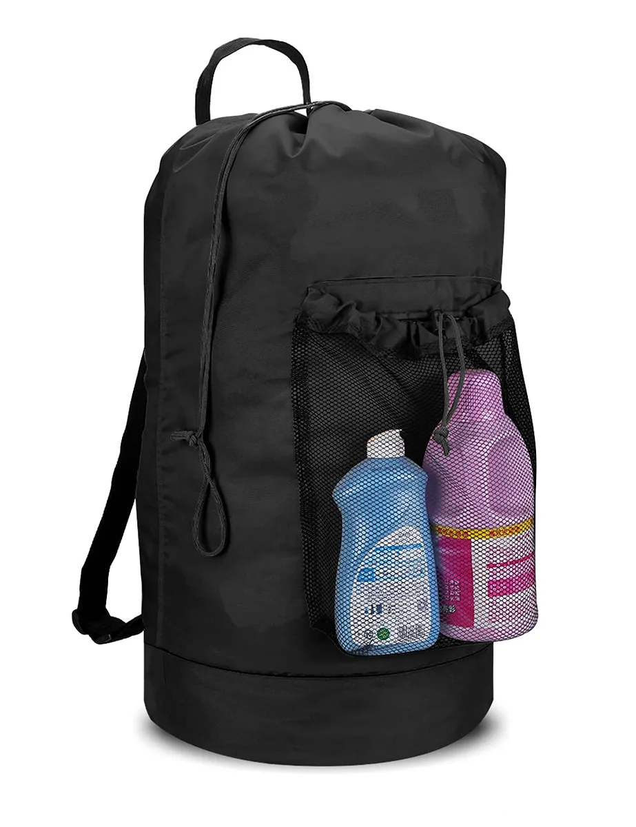 Grey nylon backpack laundry bag with adjustable straps and mesh pocket