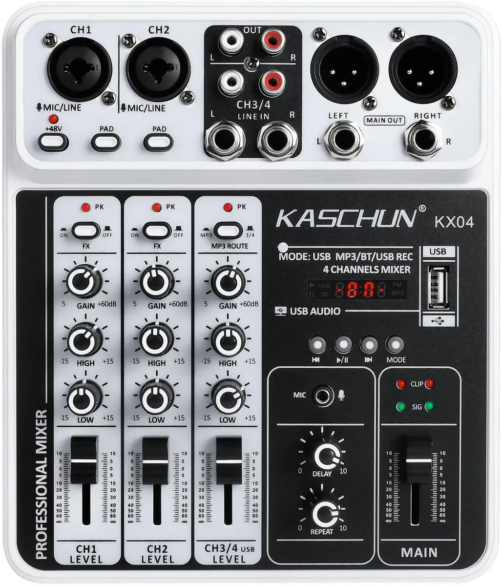  Numark KX04 4-Channel DJ Mixer Bluetooth USB 48V Phantom Power — product photo