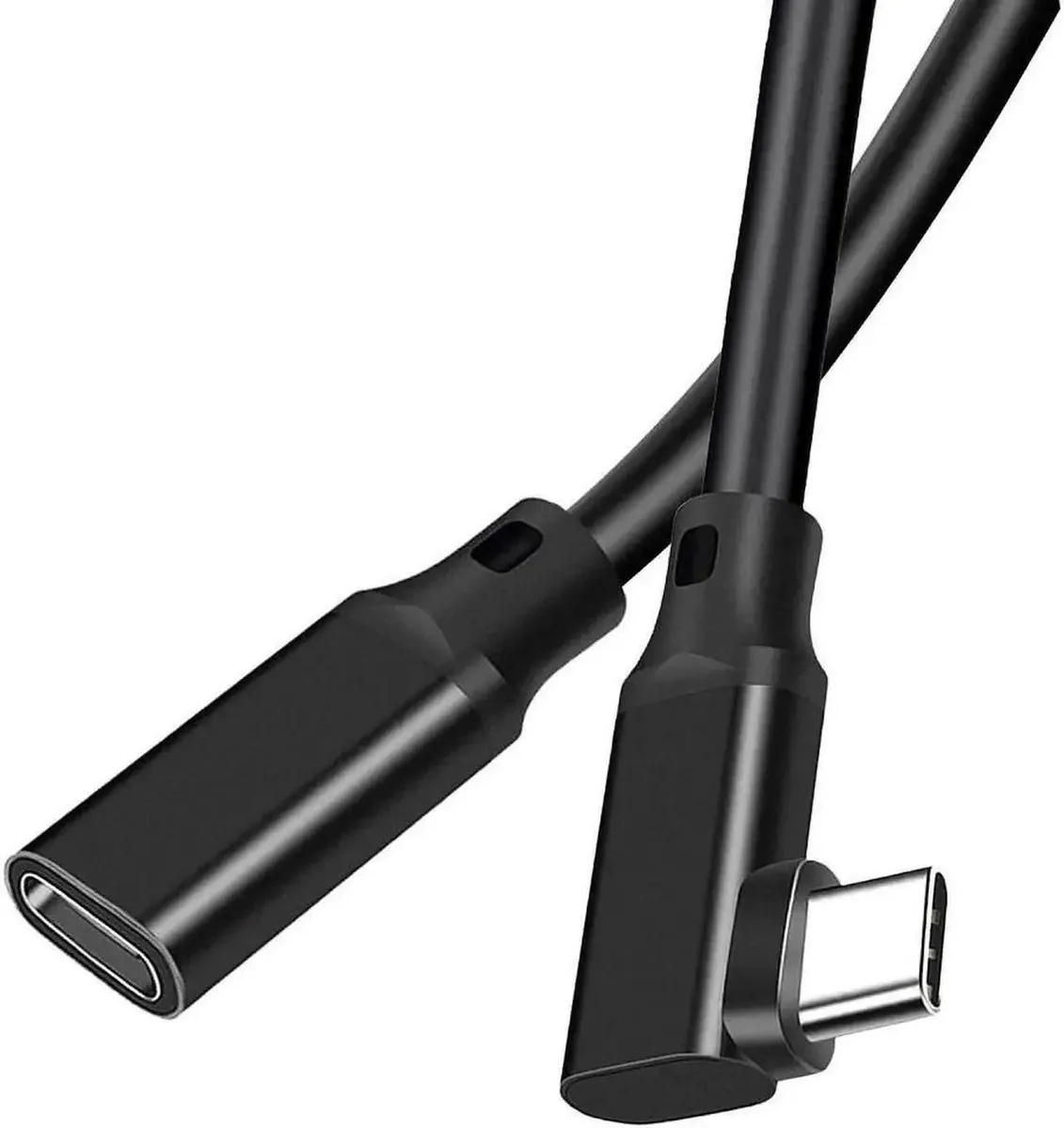 Short right-angle USB-C male-to-female extender cable, black finish
