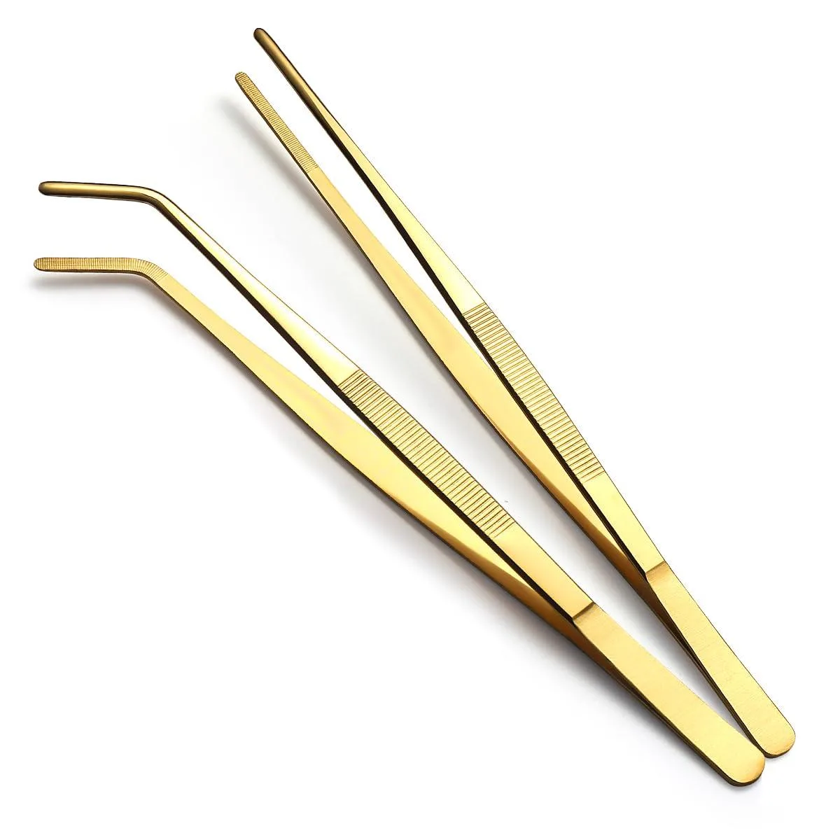 Two 12-inch titanium gold stainless steel kitchen tweezers, one straight one curved