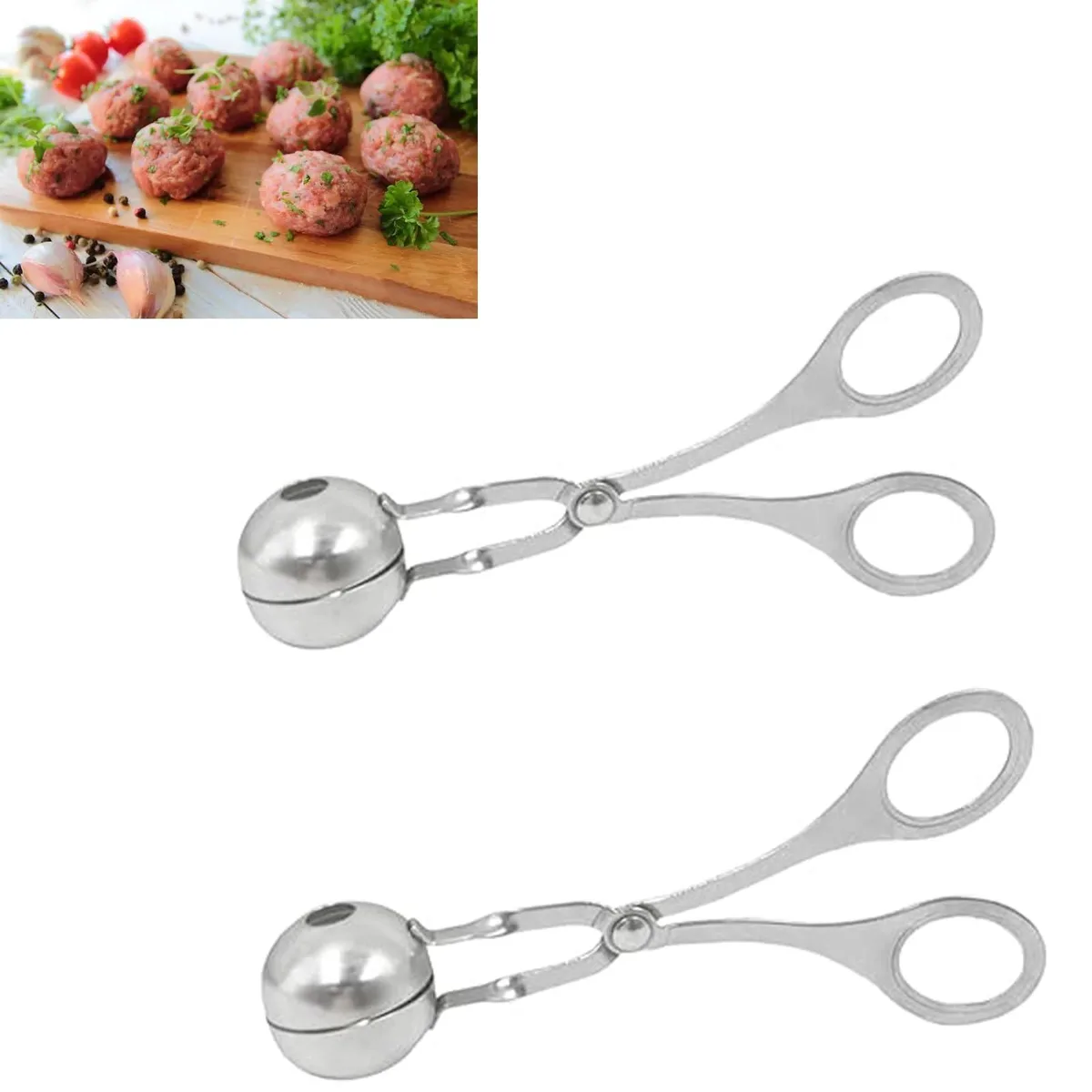 Two silver stainless steel meat baller tongs with scooped ends and perforated holes