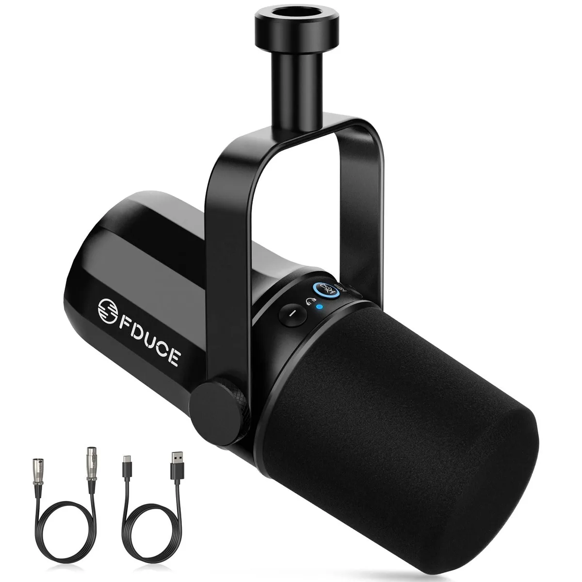 Black cylindrical dynamic microphone with USB-C and XLR connectors, foam windshield, LED mute button, all-metal body