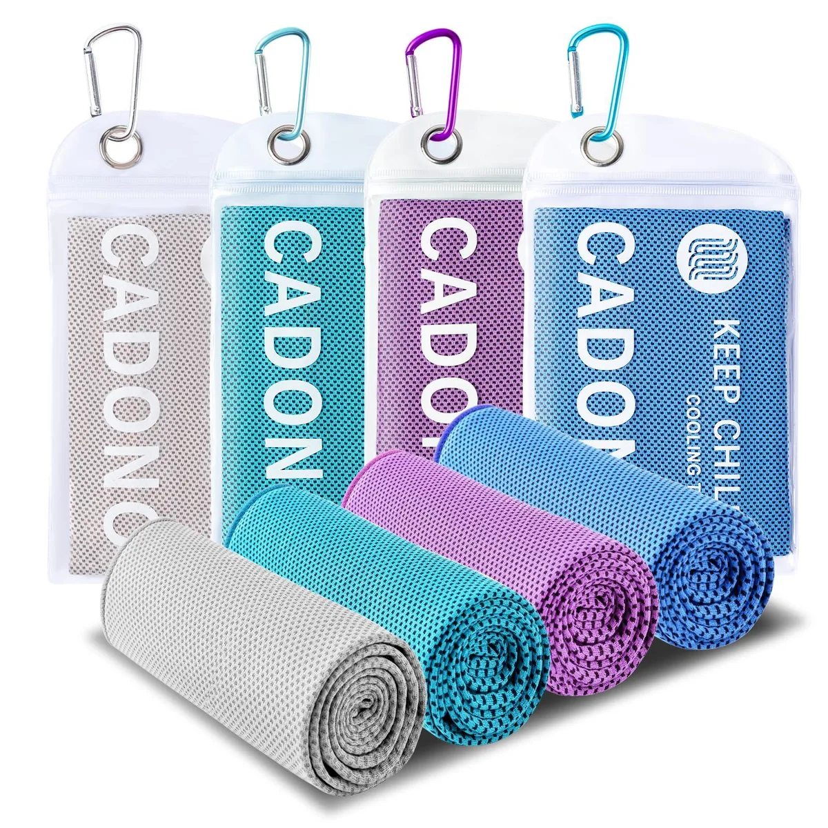 Four soft microfiber cooling towels in multicolor pack