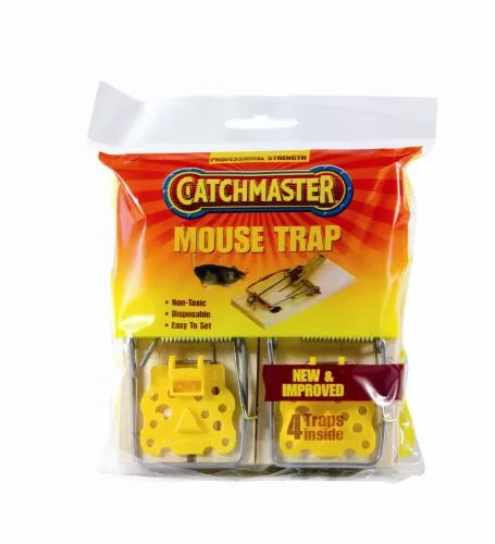 Four wooden snap traps with yellow plastic cheese pedals