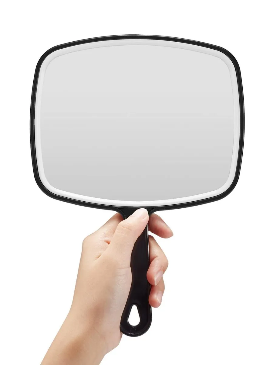 Black rectangular handheld mirror with handle, foldable design