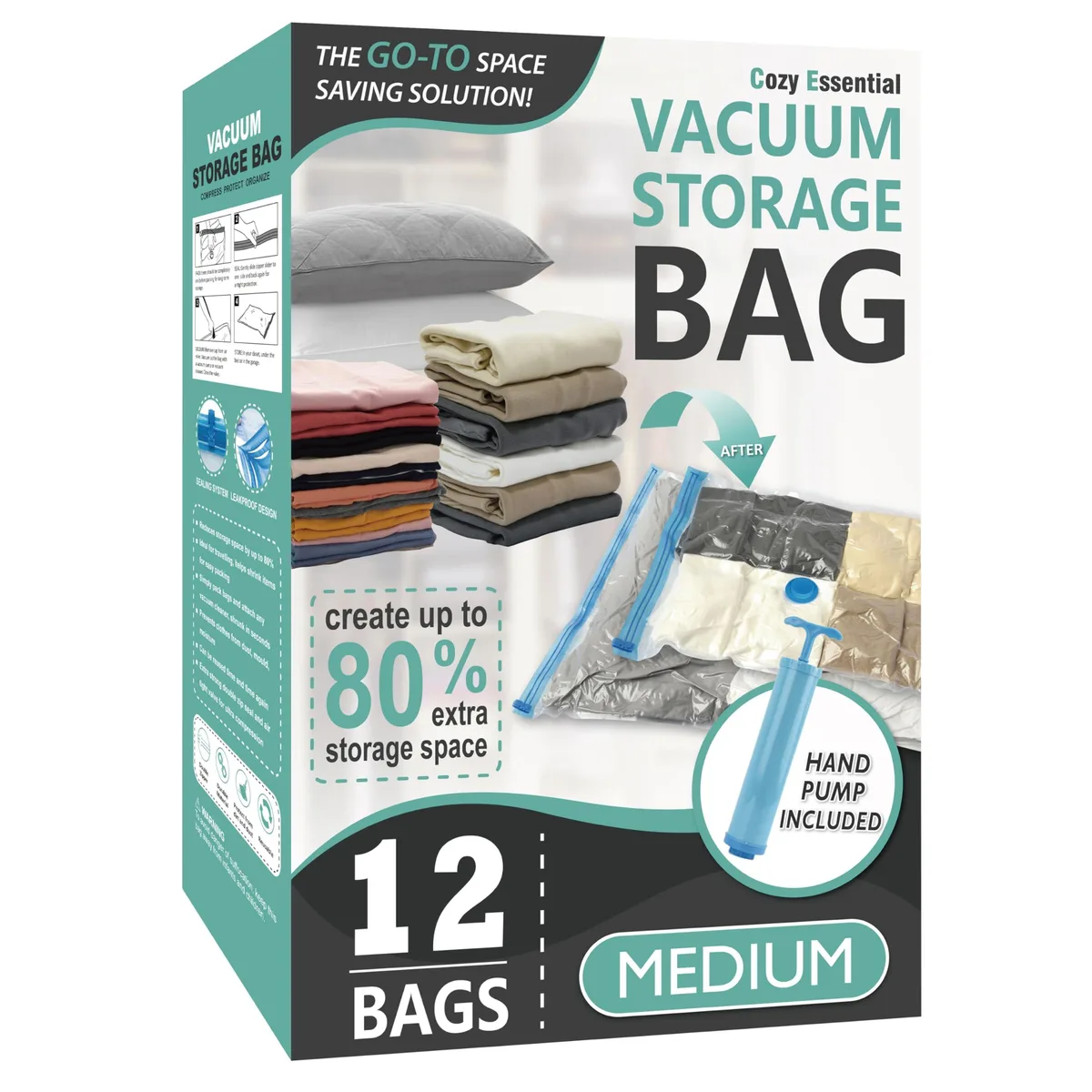 Twelve medium clear plastic vacuum bags flat with double zip and valve hand pump included