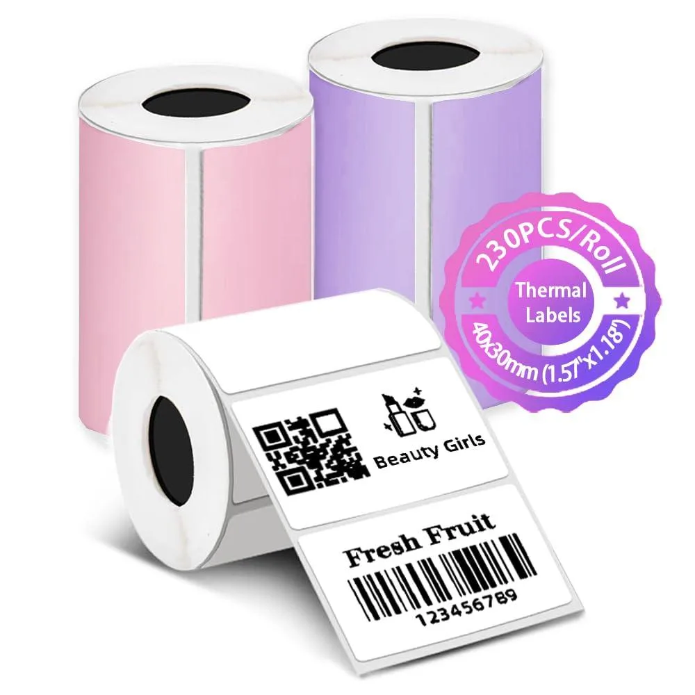 Three rolls of multicoloured laminated vinyl labels in pink purple and white rectangular shape 1.57 by 1.18 inches 690 total labels